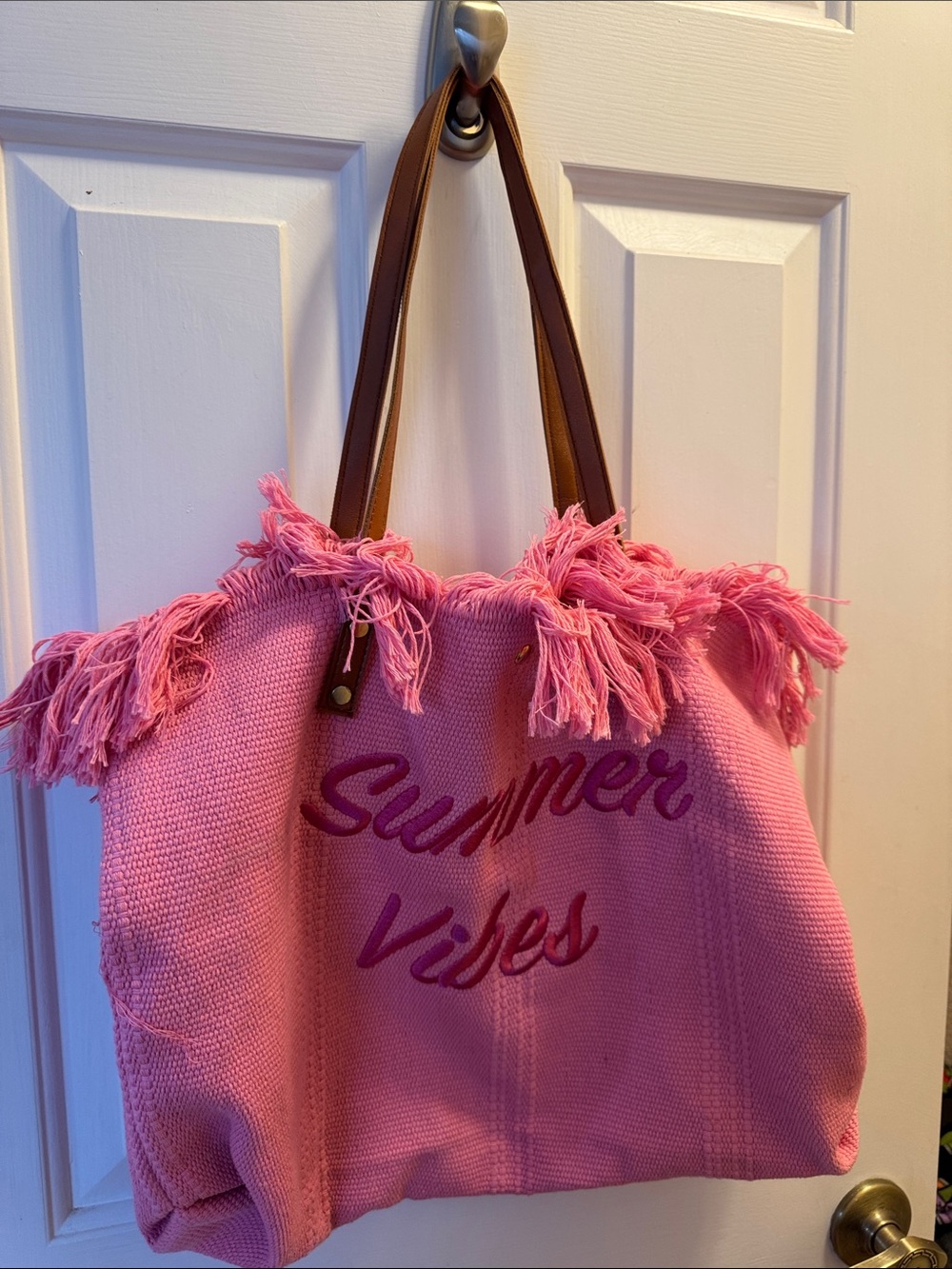 Pink "Summer Vibes" Fringe Tote Bag with Brown Handles